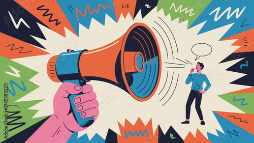 A vibrant illustration depicts a hand holding a megaphone with sound waves emanating towards a person speaking into it high quality professional detailed modern elegant stylish