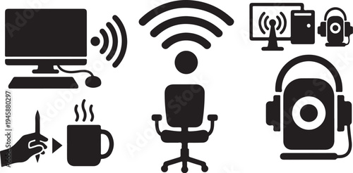 Remote Work and Technology Icons in Black and White
