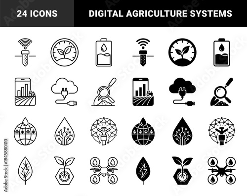 Smart agriculture and sustainable agritech hybrid icons featuring digital farming sensors, drone irrigation, eco energy leaves and laboratory wheat research