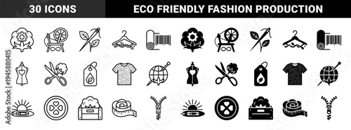 Sustainable textile manufacturing icons featuring organic cotton hybrid symbols with sewing tools and eco friendly garment production elements