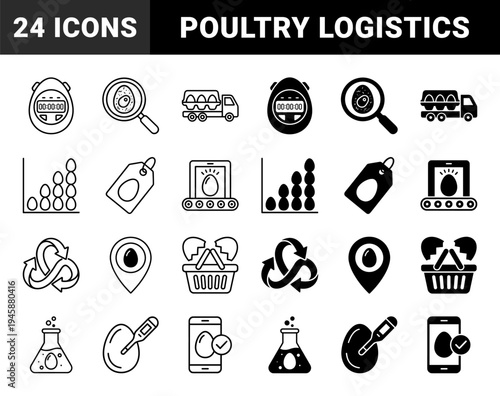Hybrid egg production and poultry supply chain icons featuring laboratory testing logistics tracking and quality control monitoring symbols