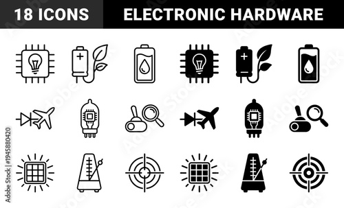Hybrid electronic and industrial components featuring circuit lightbulbs battery leaves vacuum tubes and metronome aiming symbols in dual styles