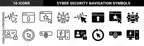 Hybrid digital security and data interaction icons featuring cursor arrows merged with pulse waves biometric fingerprints and locked web browser windows