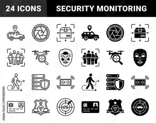 Surveillance and Security Monitoring Hybrid Icon Set Featuring Biometric Facial Recognition License Plate Scanning and Asset Tracking Systems