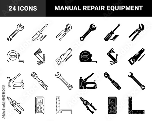 Professional Hand Tool and Construction Hardware Icon Set Featuring Hybrid Measuring Devices Power Drills and Carpentry Equipment in Dual Styles
