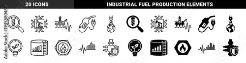 Industrial Energy and Oil Production Icons Featuring Hybrid Concepts of Drilling Rig Magnifying Glass Gas Pump Power Plug and Sustainable Gauge