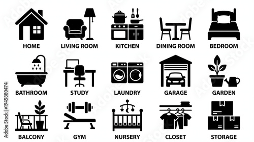 Collection of black and white vector icons representing various rooms and functional areas within a modern residential house structure