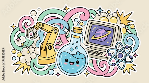 Cute Sci-Fi Science Laboratory Doodle Collage Vector, Pastel Sticker Illustration with Flask and Robot