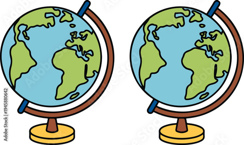 Simple cartoon illustration of two identical desktop globes with brown stands and yellow bases, showing Earth on white background