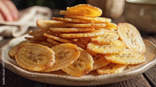 Close up of golden banana chips on a rustic plate overhead shot natural lighting