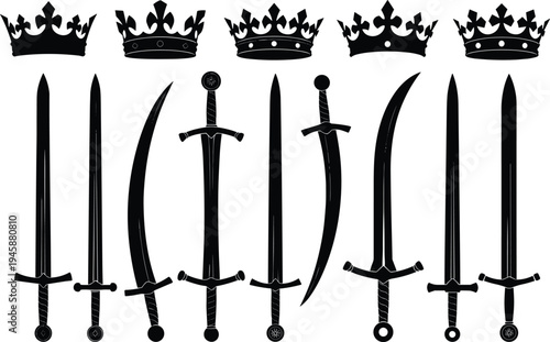 Medieval crowns and swords silhouette collection, fantasy weaponry vector illustration, regal royal designs, creative decorative elements for storytelling, gaming, and design inspiration content