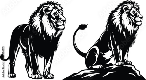 Majestic Male Lion Silhouette Set, African Safari King Mascot, Standing and Sitting Predator, CAD Drawing Flat Vector Illustration, Jungle Wildlife