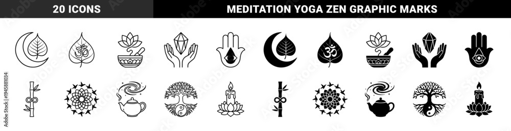 Fototapeta premium Zen Spiritual Hybrid Symbols Featuring Lotus Mortar and Pestle Bodhi Leaf Om Moon Crystal Hands Hamsa Eye and Yin Yang Tree of Life