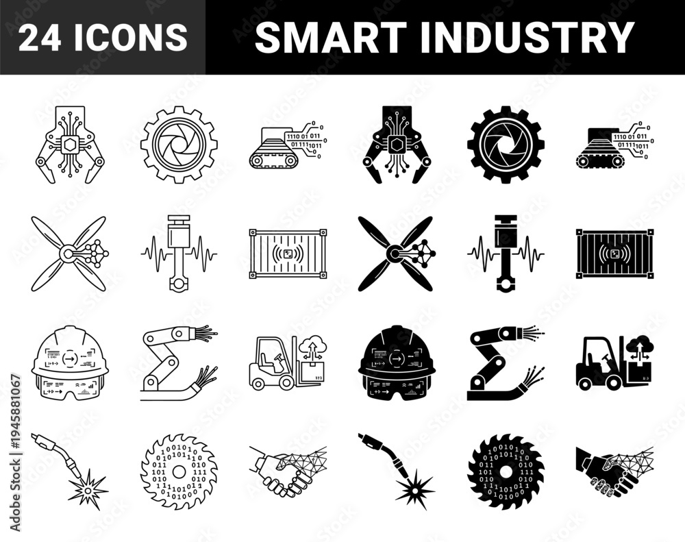 Obraz premium Industrial automation and smart manufacturing icons merging mechanical hardware with digital data signals and artificial intelligence circuitry