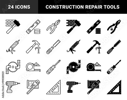 Construction tool hybrid icons merging manual hardware with industrial symbols like cranes gears and architectural blueprints in outline and glyph style