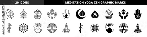 Zen Spiritual Hybrid Symbols Featuring Lotus Mortar and Pestle Bodhi Leaf Om Moon Crystal Hands Hamsa Eye and Yin Yang Tree of Life