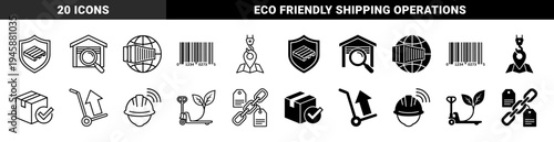 Sustainable logistics and supply chain management icon set featuring hybrid symbols for eco friendly shipping industrial warehouse and global distribution