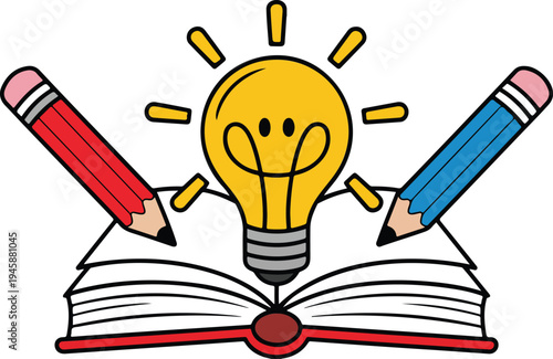 Cartoon illustration of an open book with a smiling yellow light bulb, flanked by red and blue pencils on white background