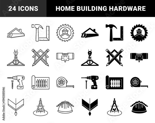 Construction and carpentry hybrid icons merging residential building symbols with professional hardware tools like saws drills and hammers