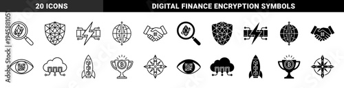 Hybrid Blockchain Technology and Cryptocurrency Security Concept Icons Featuring Geometric Shields Cloud Computing Nodes and Bitcoin Award Trophy