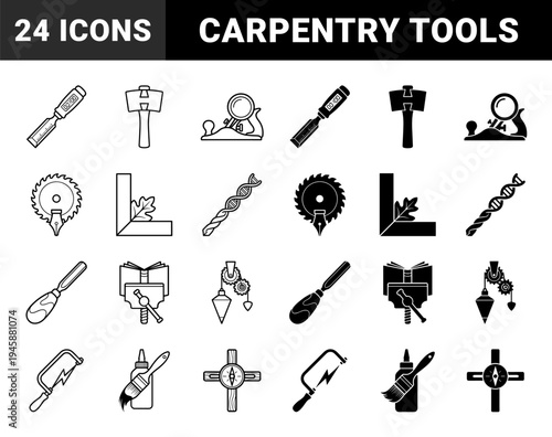 Hybrid woodworking and carpentry tool icon set combining manual craft instruments with measurement and nature elements in outline and solid style