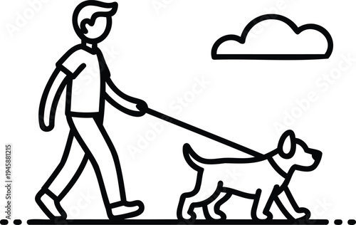 A person walking their dog on a leash under a clear sky with a single cloud.