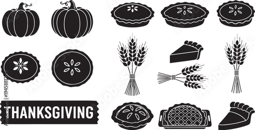 Thanksgiving icons and symbols in black and white illustration