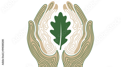 Hands holding oak leaf symbol protecting nature and earth care conservation environment concept