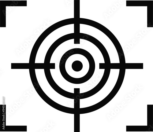 Bullseye Target Aim Icon, Crosshair Scope Sight Symbol, Military Sniper Range Graphic, Tactical Focus Element, CAD Drawing Flat Vector Illustration, Goal