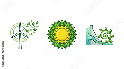 Clean energy sources, wind power, solar and hydroelectric power plants, environmental protection