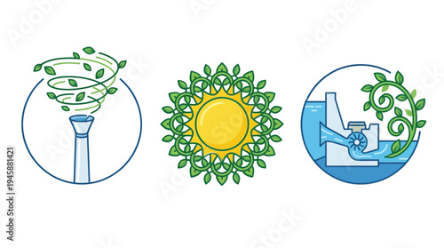 Clean energy symbols, wind power, solar energy, and hydroelectric power, alternative sources