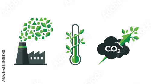Industrial pollution, global warming, carbon dioxide emission, environmental problem icons