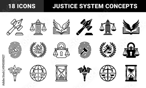 Hybrid Legal and Justice Symbols Merging Law Icons with Modern Concepts like Fingerprints Hourglasses Lighthouses and Global Scales of Justice