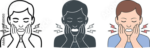 Minimalist medical illustration of three facial pain icons showing male figure with hands on cheeks, from line art to color on white background