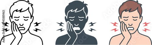 Minimalist medical illustration of three facial pain icons showing male figure with hands on cheeks, from line art to color on white background