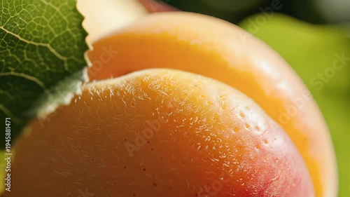 Close up of ripe apricots with leaves in sunlight