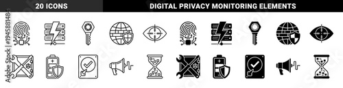 Hybrid Cybersecurity and Infrastructure Monitoring Symbol Collection Featuring Biometric Identification Data Protection and Server Status Indicators