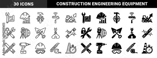 Construction and Civil Engineering Hybrid Symbols Combining Industrial Tools with Growth Charts Data and Surveying Equipment for Infrastructure Projects