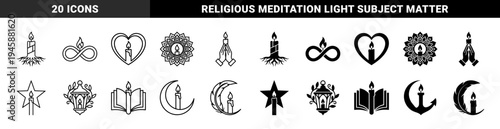 Hybrid spiritual candle icon set merging flame symbols with roots infinity heart lotus prayer hand star lantern book moon and anchor elements