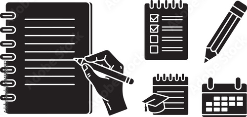 Black and white icons of office stationery and tools