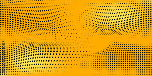 Yellow halftone pattern. Retro comic gradient background. Bright orange pixelated dotted texture overlay. Cartoon pop art faded gradient pattern. Vector backdrop for poster, banner, advertisement