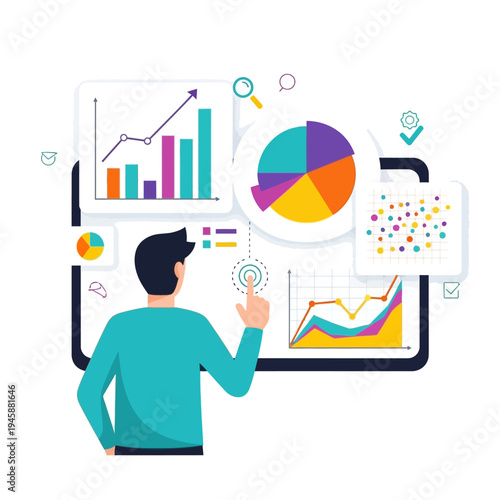 Man analyzing data charts and graphs on a digital screen, business analytics concept