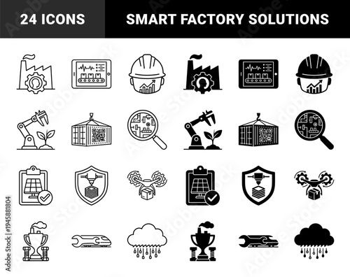 Industrial Manufacturing and Sustainable Technology Hybrid Icon Set Featuring Smart Factory Automation Green Energy and Logistics Solutions