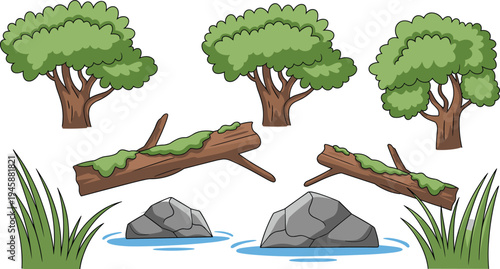 Three green trees with brown trunks and branches over a small pond with rocks and grass