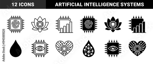 Biometric electronic chip and neural network hybrid symbols merging artificial intelligence with organic lotus flower heart and globe shapes
