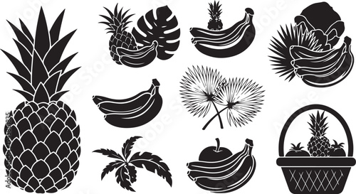 Black and white fruit icons with tropical leaves illustration