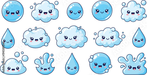 Cute Water Drops and Soap Bubbles Cartoon Characters Collection Kawaii Liquid Splash Elements Vector Illustration