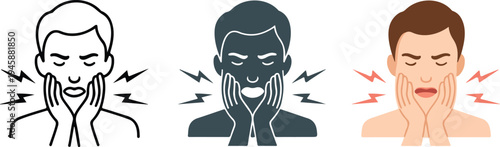 Minimalist medical illustration of three facial pain icons showing male figure with hands on cheeks, from line art to color on white background