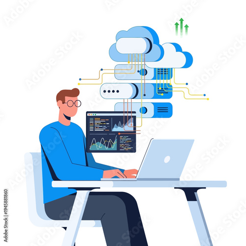 Man working on laptop with cloud computing servers and data analysis dashboard
