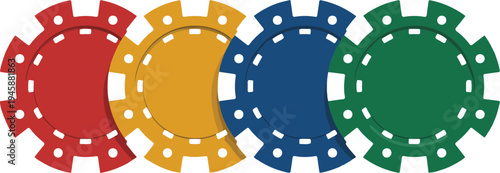 Set of four colorful casino poker chips in red, yellow, blue, and green, arranged horizontally on white background